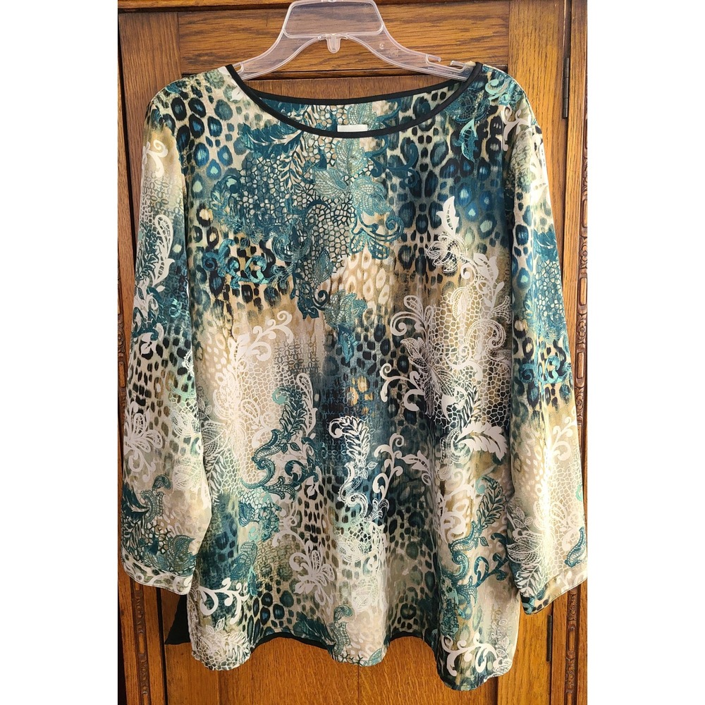 Chicos Mixed Animal Paisley Print Blouse Teal Black Size 2 Large 570122863